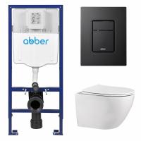 Комплект подвесной унитаз ABBER Bequem AC1100 белый с инсталляцией AC0108 и кнопкой AC0123MB черная матовая