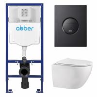 Комплект подвесной унитаз ABBER Bequem AC1100 белый с инсталляцией AC0108 и кнопкой AC0126MB черная матовая