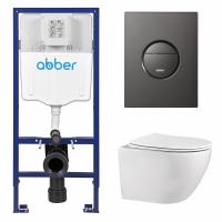 Комплект подвесной унитаз ABBER Bequem AC1100 белый с инсталляцией AC0108 и кнопкой AC0126NG оружейная сталь
