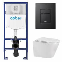 Комплект подвесной унитаз ABBER Bequem AC1102 белый с инсталляцией AC0108 и кнопкой AC0123MB черная матовая