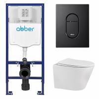 Комплект подвесной унитаз ABBER Bequem AC1102 белый с инсталляцией AC0108 и кнопкой AC0124MB черная матовая