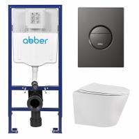 Комплект подвесной унитаз ABBER Bequem AC1102 белый с инсталляцией AC0108 и кнопкой AC0126NG оружейная сталь