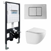Комплект подвесной унитаз ABBER Bequem AC1131TC белый, с закрытым дном с инсталляцией AC0105 и кнопкой AC0120 хром глянцевый