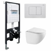 Комплект подвесной унитаз ABBER Bequem AC1131TC белый, с закрытым дном с инсталляцией AC0105 и кнопкой AC0120MW белая матовая