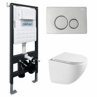 Комплект подвесной унитаз ABBER Bequem AC1131TC белый, с закрытым дном с инсталляцией AC0105 и кнопкой AC0121 хром глянцевый