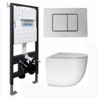 Комплект подвесной унитаз ABBER Bequem AC1132TC белый, с закрытым дном с инсталляцией AC0105 и кнопкой AC0120 хром глянцевый