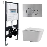 Комплект подвесной унитаз ABBER Rechteck AC1201 белый с инсталляцией AC0105 и кнопкой AC0121MCH матовый хром