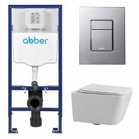Комплект подвесной унитаз ABBER Rechteck AC1201 белый с инсталляцией AC0108 и кнопкой AC0123 хром глянцевый