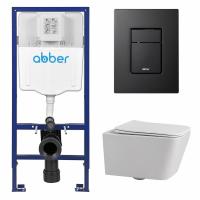 Комплект подвесной унитаз ABBER Rechteck AC1201 белый с инсталляцией AC0108 и кнопкой AC0123MB черная матовая