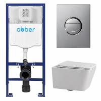 Комплект подвесной унитаз ABBER Rechteck AC1201 белый с инсталляцией AC0108 и кнопкой AC0126 хром глянцевый