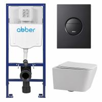 Комплект подвесной унитаз ABBER Rechteck AC1201 белый с инсталляцией AC0108 и кнопкой AC0126MB черная матовая