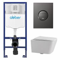Комплект подвесной унитаз ABBER Rechteck AC1201 белый с инсталляцией AC0108 и кнопкой AC0126NG оружейная сталь