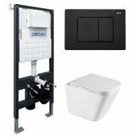Комплект подвесной унитаз ABBER Rechteck AC1219TC белый, с закрытым дном с инсталляцией AC0105 и кнопкой AC0120MB черный матовый