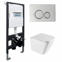 Комплект подвесной унитаз ABBER Rechteck AC1219TC белый, с закрытым дном с инсталляцией AC0105 и кнопкой AC0121 хром глянцевый