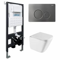 Комплект подвесной унитаз ABBER Rechteck AC1219TC белый, с закрытым дном с инсталляцией AC0105 и кнопкой AC0121NG никель
