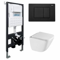 Комплект подвесной унитаз ABBER Rechteck AC1220TC белый, с закрытым дном с инсталляцией AC0105 и кнопкой AC0120MB черный матовый