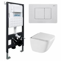 Комплект подвесной унитаз ABBER Rechteck AC1220TC белый, с закрытым дном с инсталляцией AC0105 и кнопкой AC0120MW белая матовая
