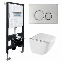 Комплект подвесной унитаз ABBER Rechteck AC1220TC белый, с закрытым дном с инсталляцией AC0105 и кнопкой AC0121 хром глянцевый