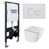 Комплект подвесной унитаз ABBER Rechteck AC1220TC белый, с закрытым дном с инсталляцией AC0105 и кнопкой AC0121MW белая матовая