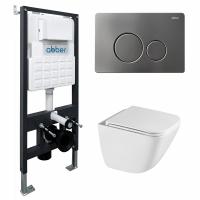 Комплект подвесной унитаз ABBER Rechteck AC1220TC белый, с закрытым дном с инсталляцией AC0105 и кнопкой AC0121NG никель